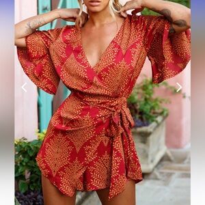 Nadi V-Neckline Wrap Romper Leaf Print Wine